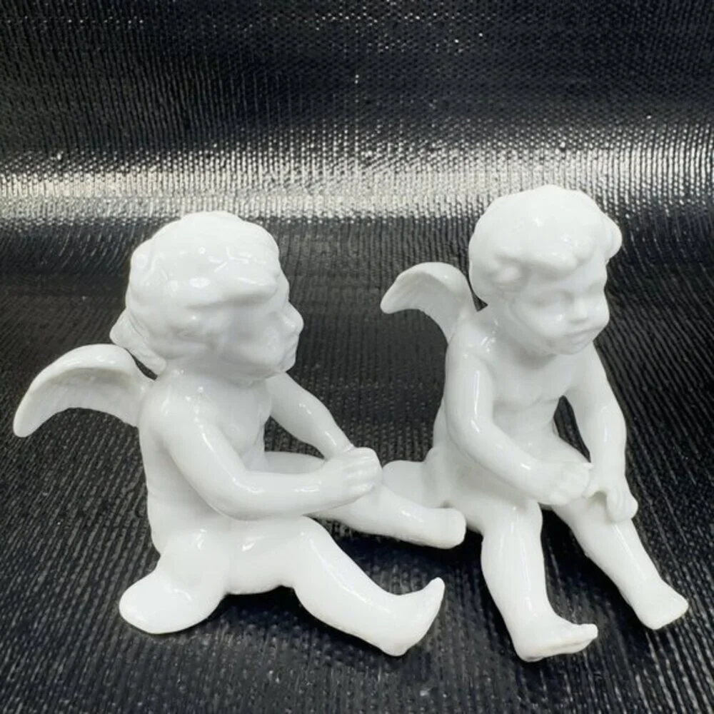 Fitz And Floyd White Porcelain Angel Cherub Set 2‎ Figurine W Original Stickers
